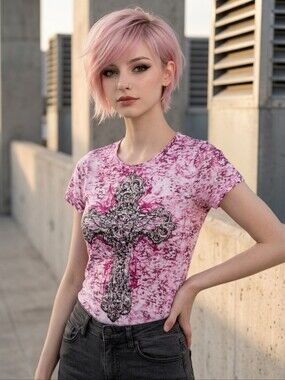 🔺️Petrol Fuchsia Burnout Bedazzled Gothic Cross Short Sleeve Top Medium